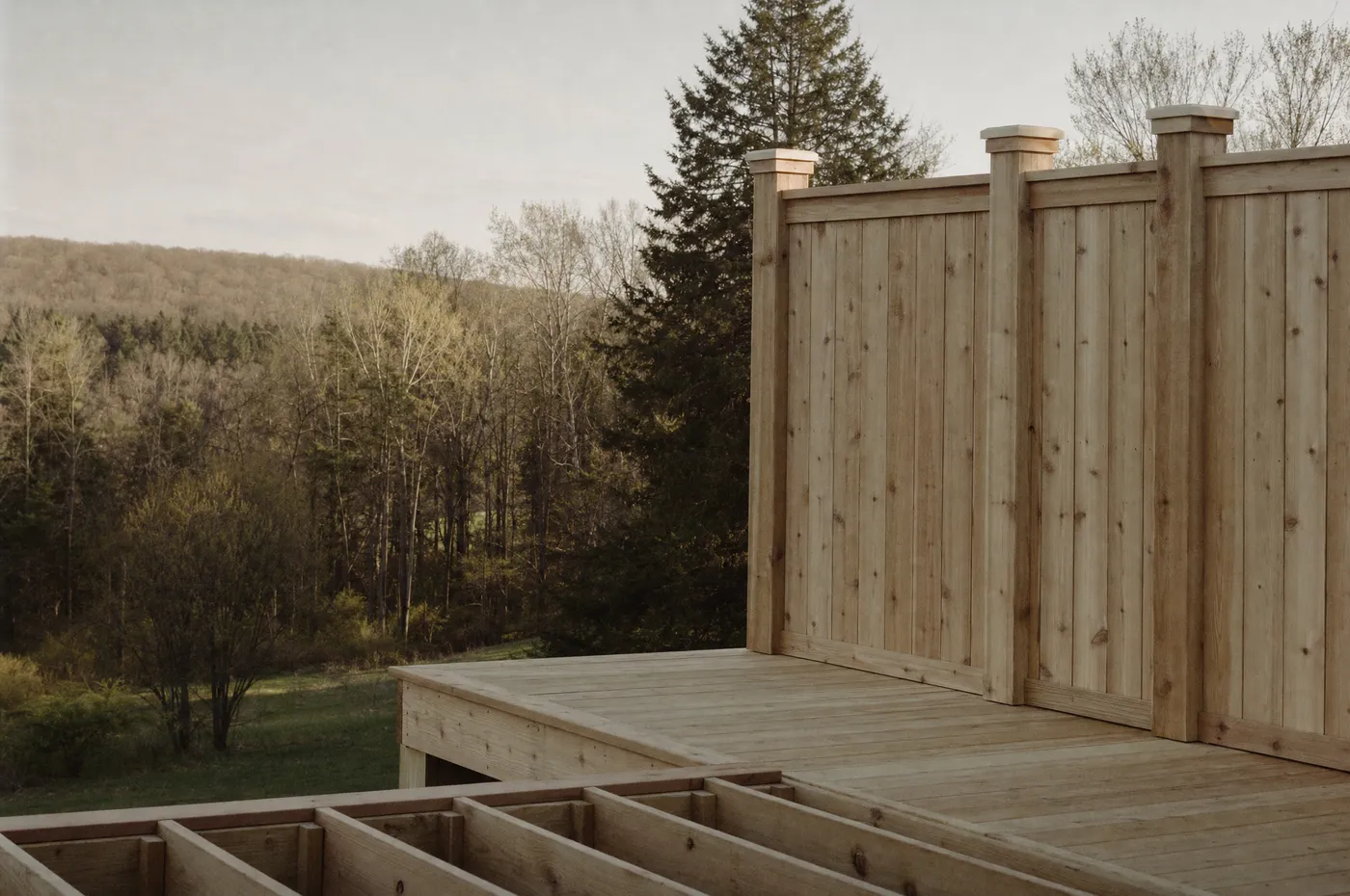 Freshly built cedar fence and deck against a rural treeline