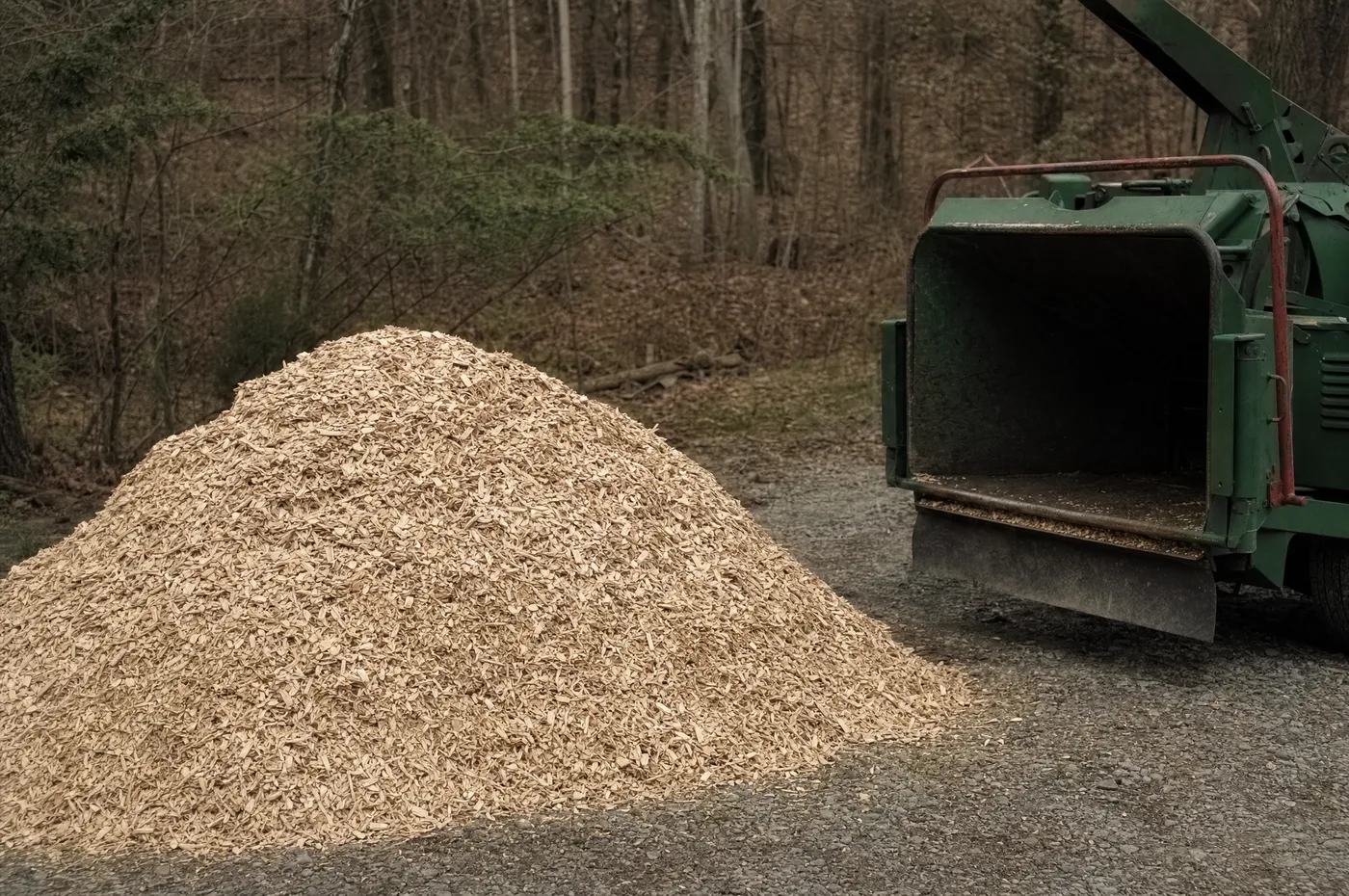 Fresh wood chips beside a tree service chipper on a gravel lot