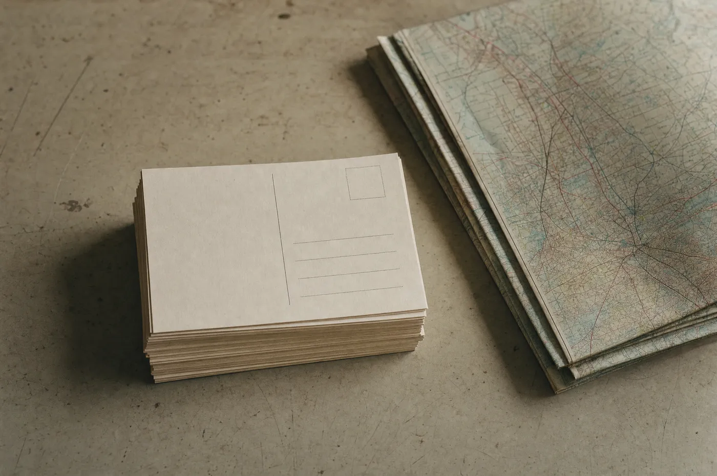 Stacked printed postcards beside a folded paper street map on a worktable