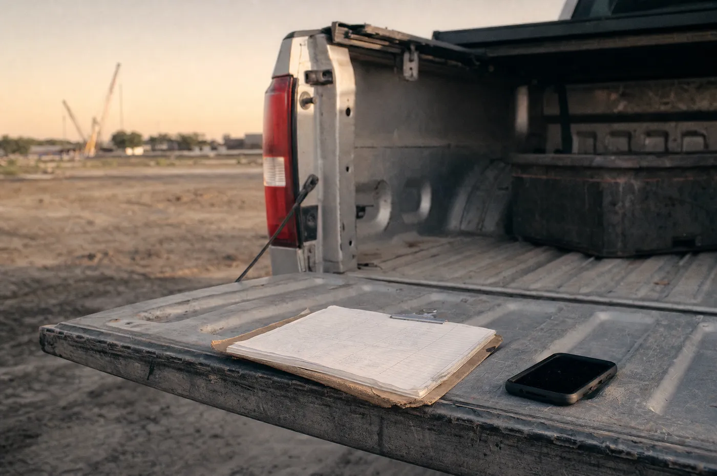 Worn clipboard and phone resting on the tailgate of a work truck