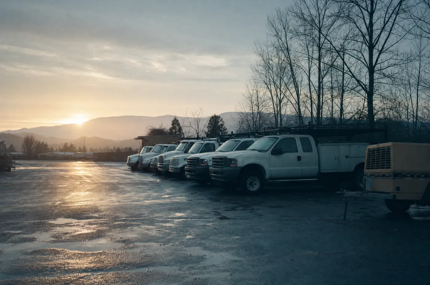 Row of work trucks and towable equipment in a contractor fleet yard at dawn