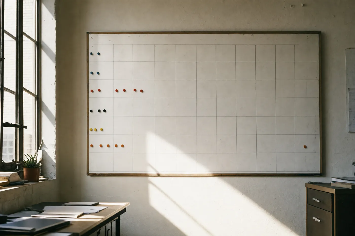 Wall-mounted monthly planning board with coloured magnets grouped along recurring rows