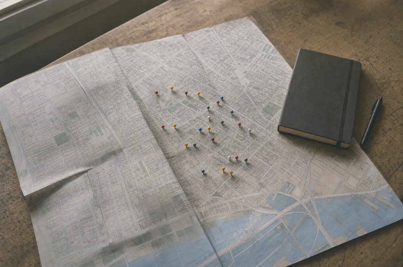 Folded city map on a worktable with coloured pins clustered along one street grid